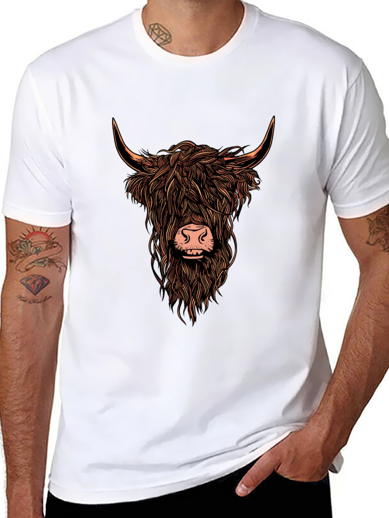 Camiseta Negra con Estampado de Vaca Highland