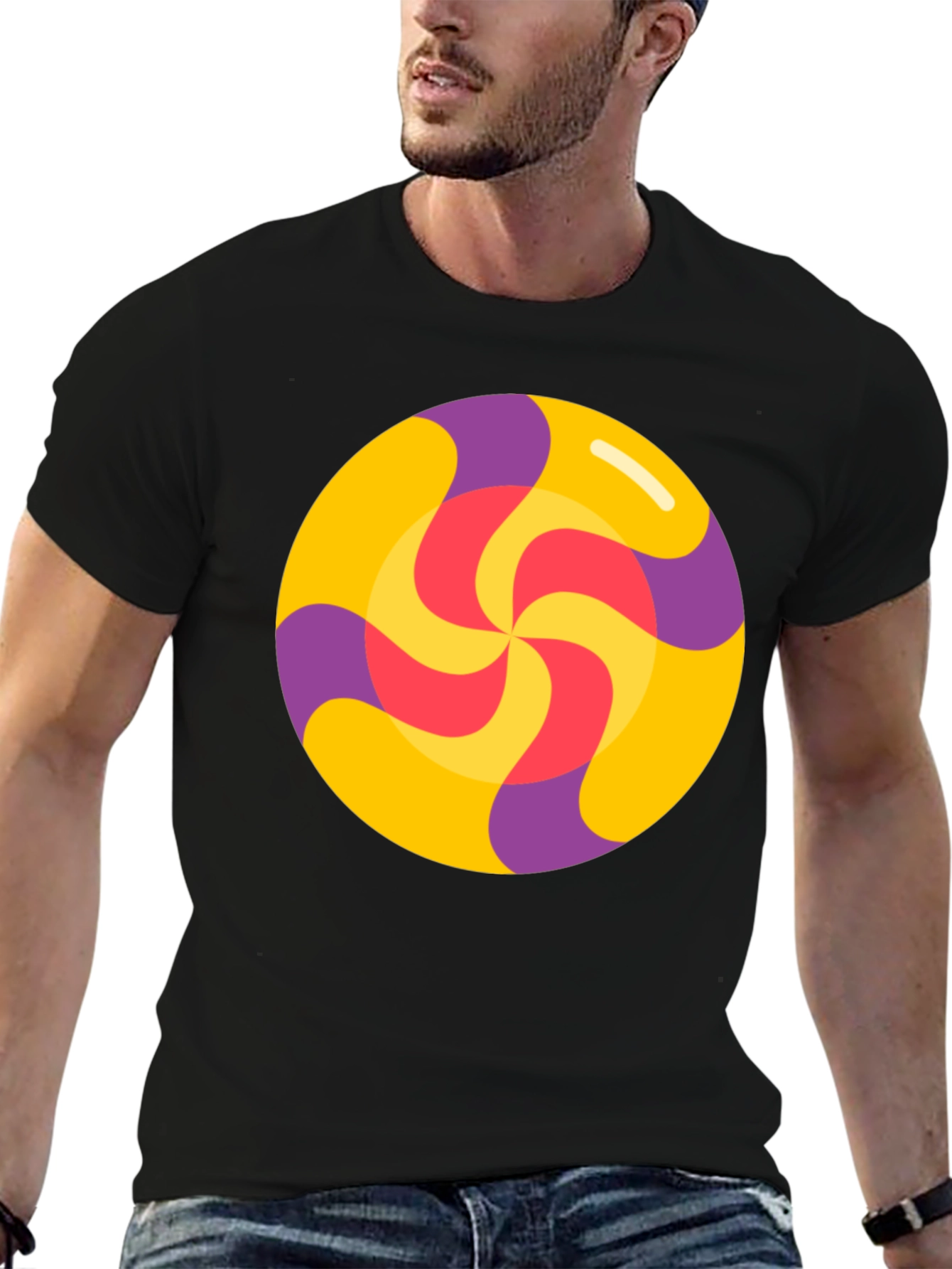 Camiseta Negra con Diseño de Caramelo Espiral