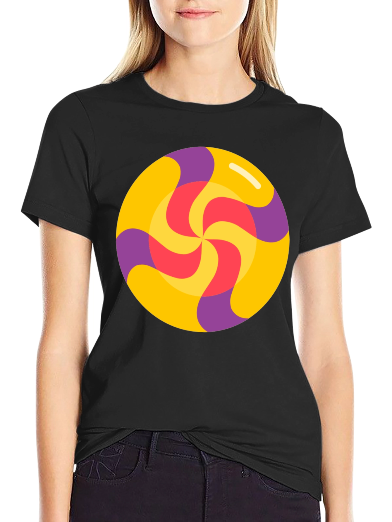 Camiseta Negra con Diseño de Caramelo Espiral