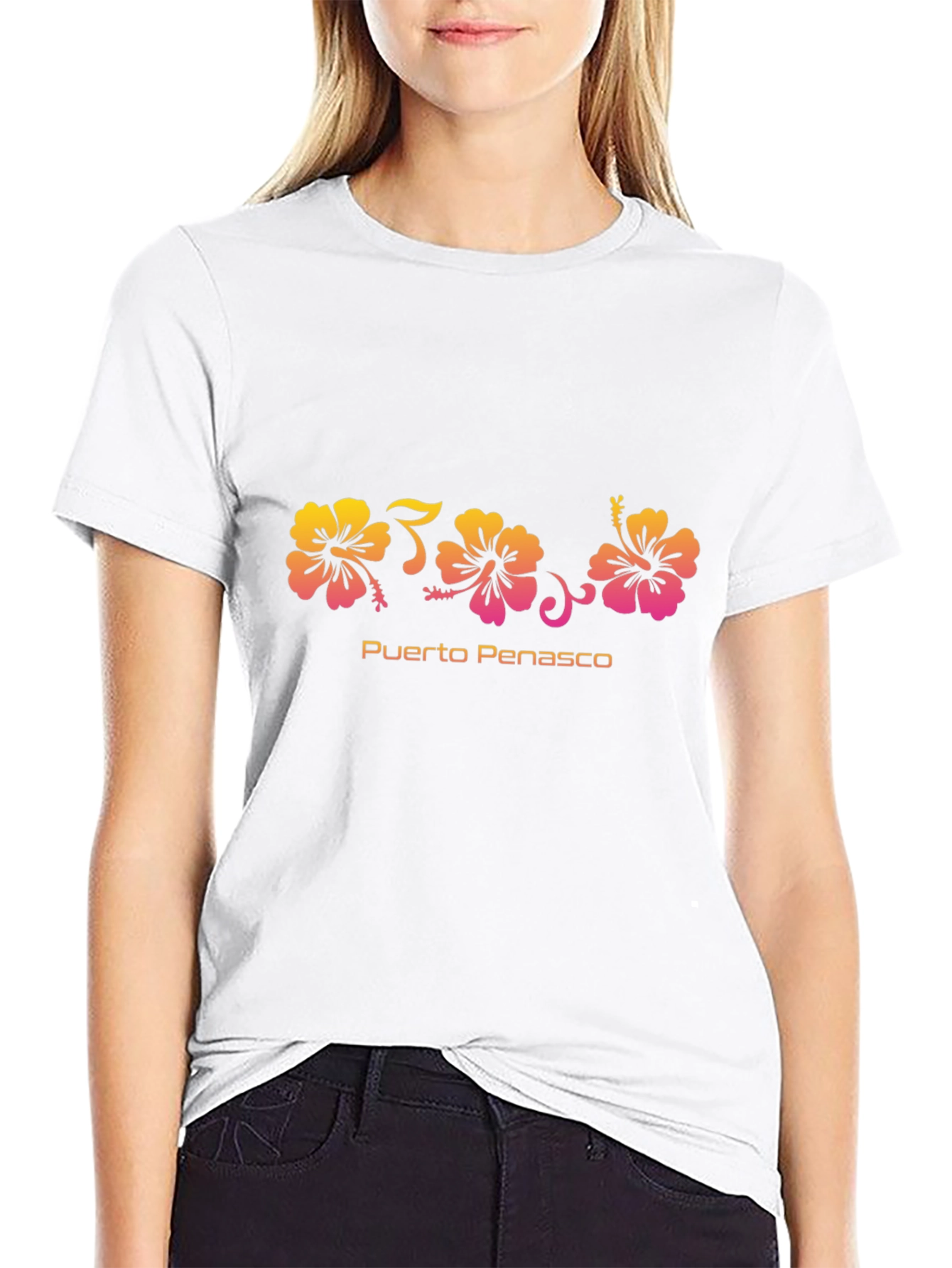 Camiseta Negra Flores Hibiscus Puerto Peñasco