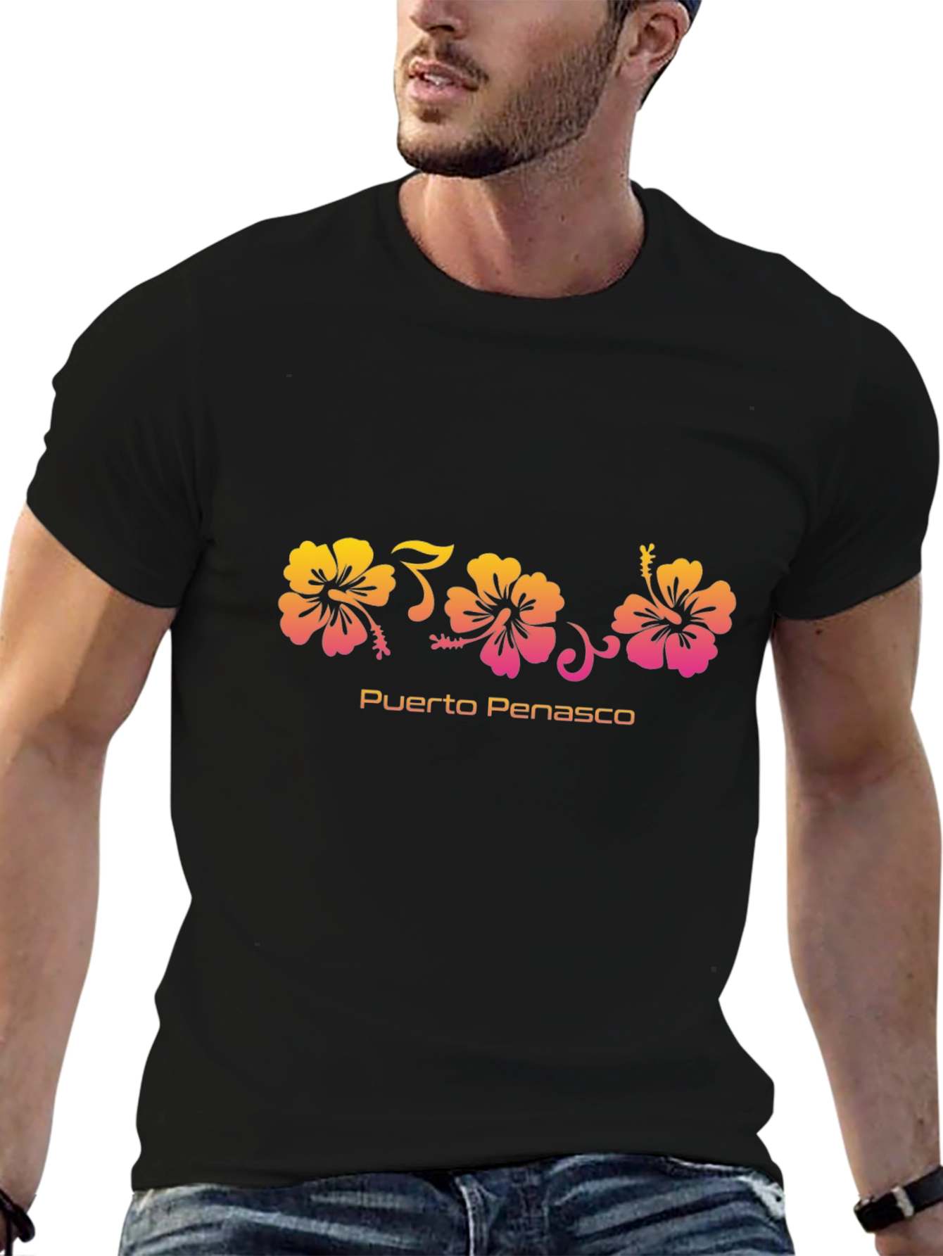 Camiseta Negra Flores Hibiscus Puerto Peñasco