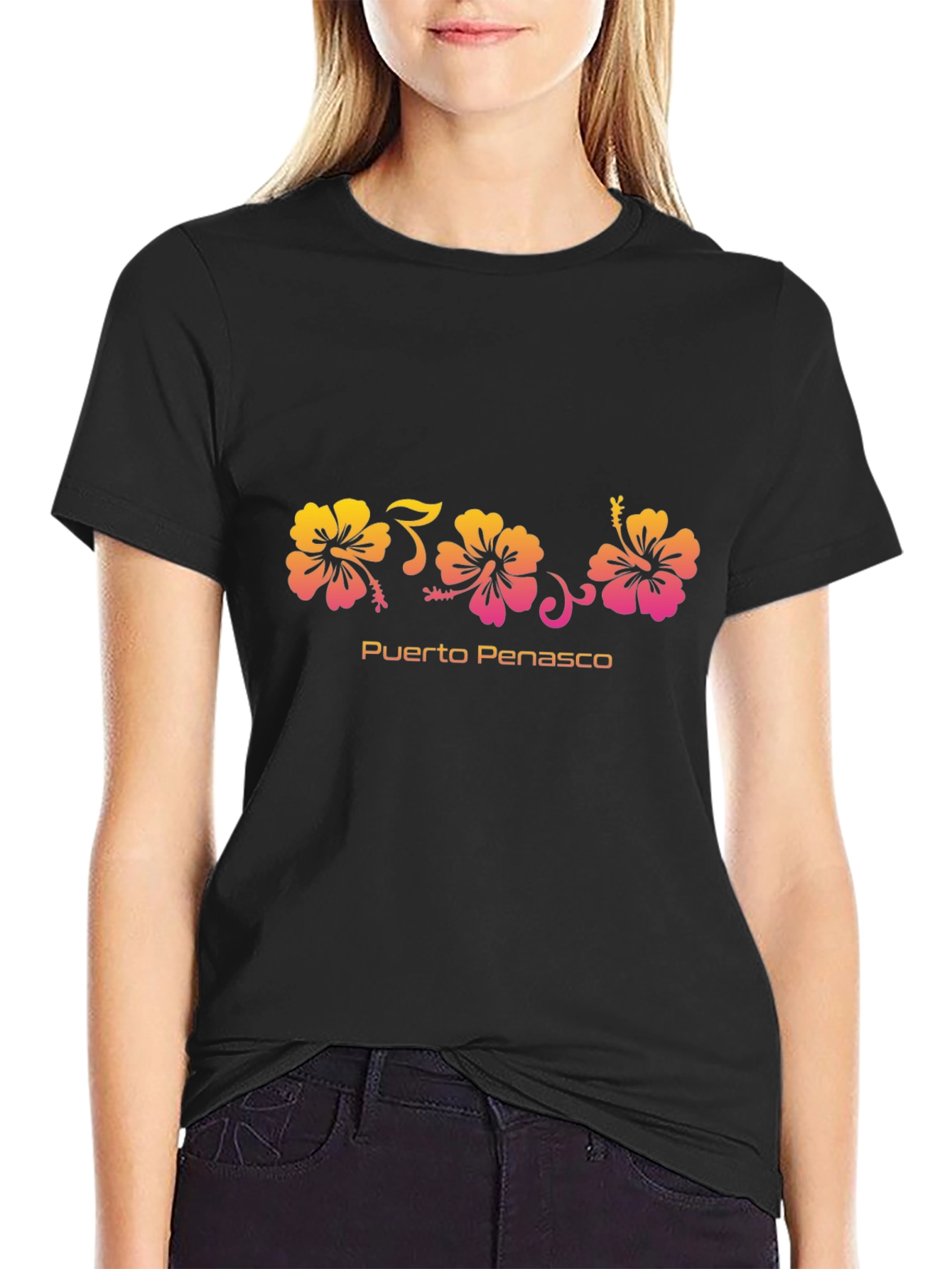 Camiseta Negra Flores Hibiscus Puerto Peñasco