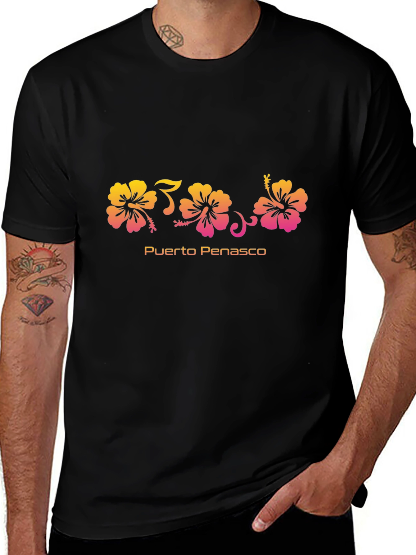 Camiseta Negra Flores Hibiscus Puerto Peñasco