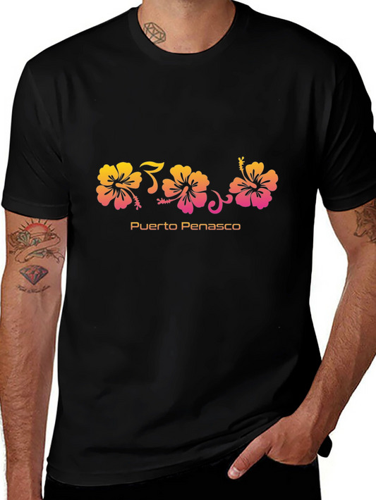 Camiseta Negra Flores Hibiscus Puerto Peñasco