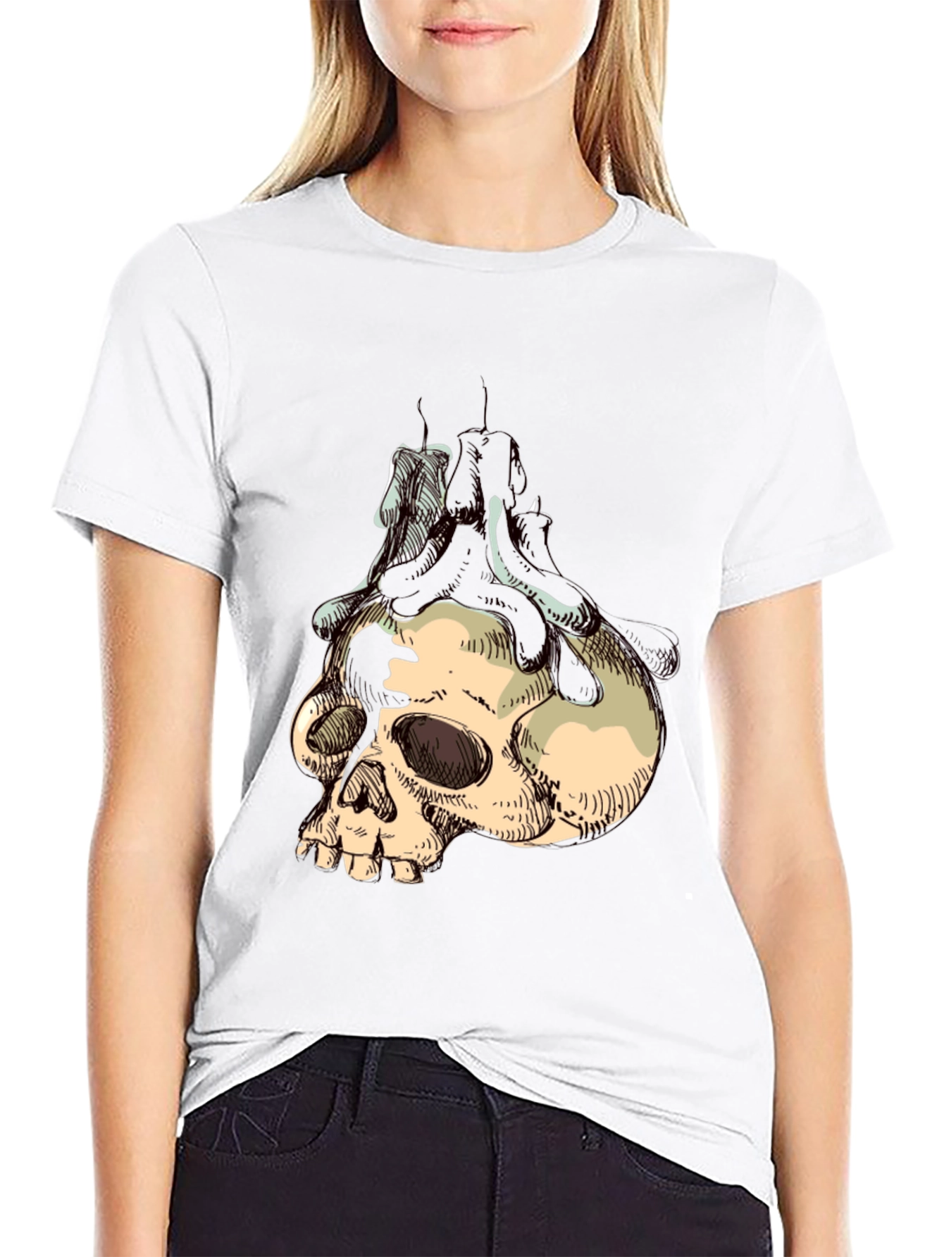 Camiseta Negra Estampada con Calavera y Velas
