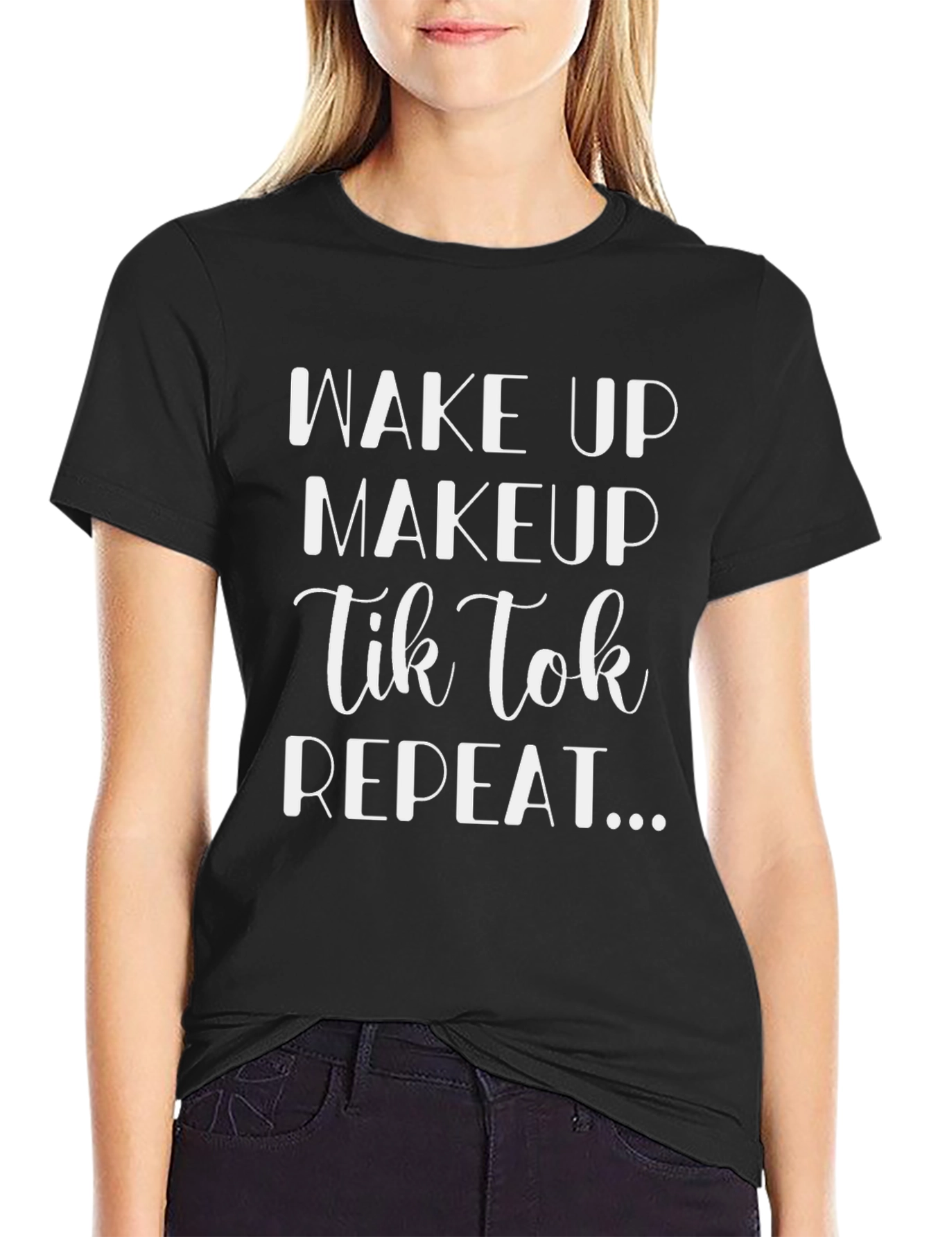 Camiseta Negra Wake Up Makeup Tik Tok Repeat