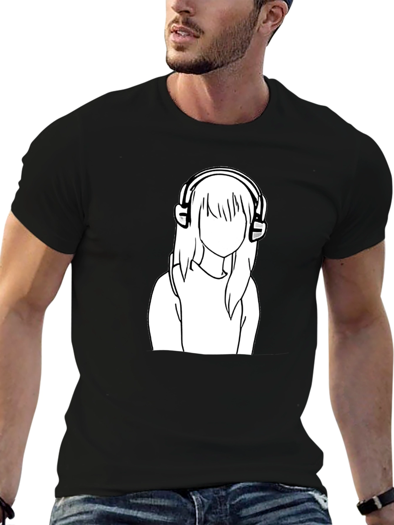 Camiseta Negra con Diseño de Chica con Auriculares