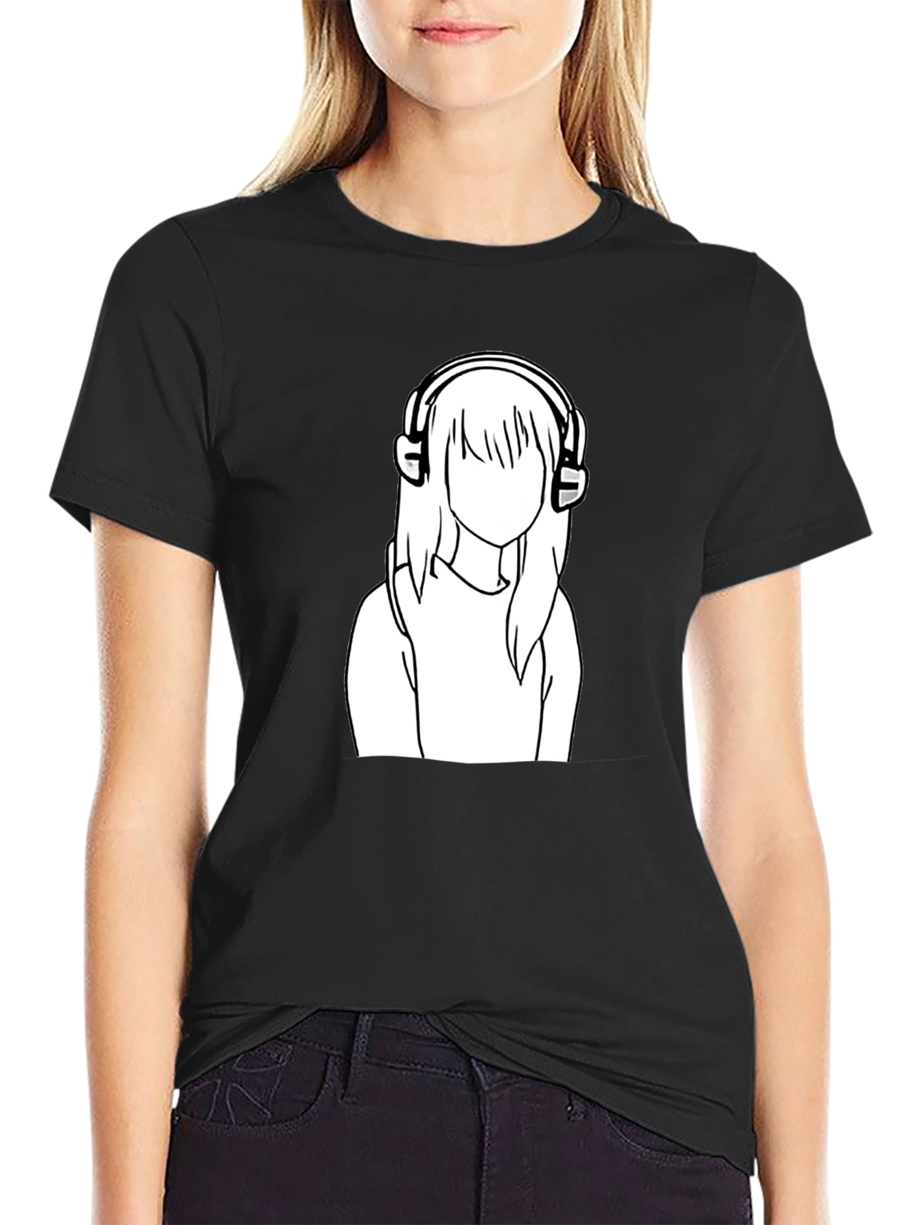 Camiseta Negra con Diseño de Chica con Auriculares
