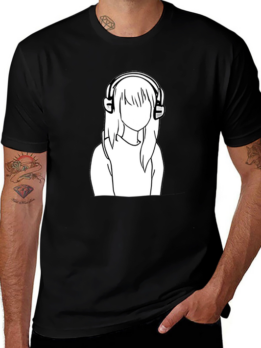 Camiseta Negra con Diseño de Chica con Auriculares