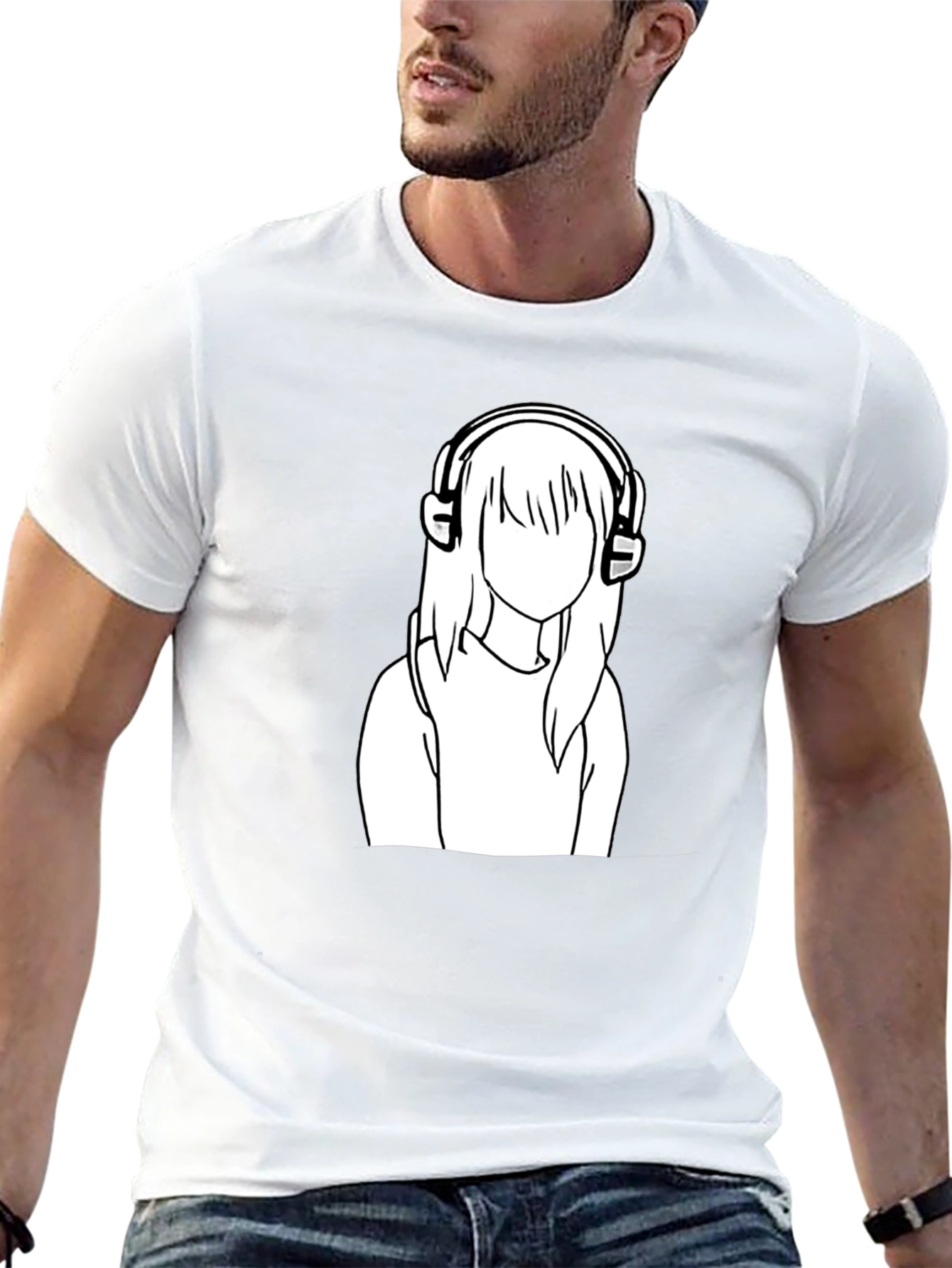Camiseta Negra con Diseño de Chica con Auriculares