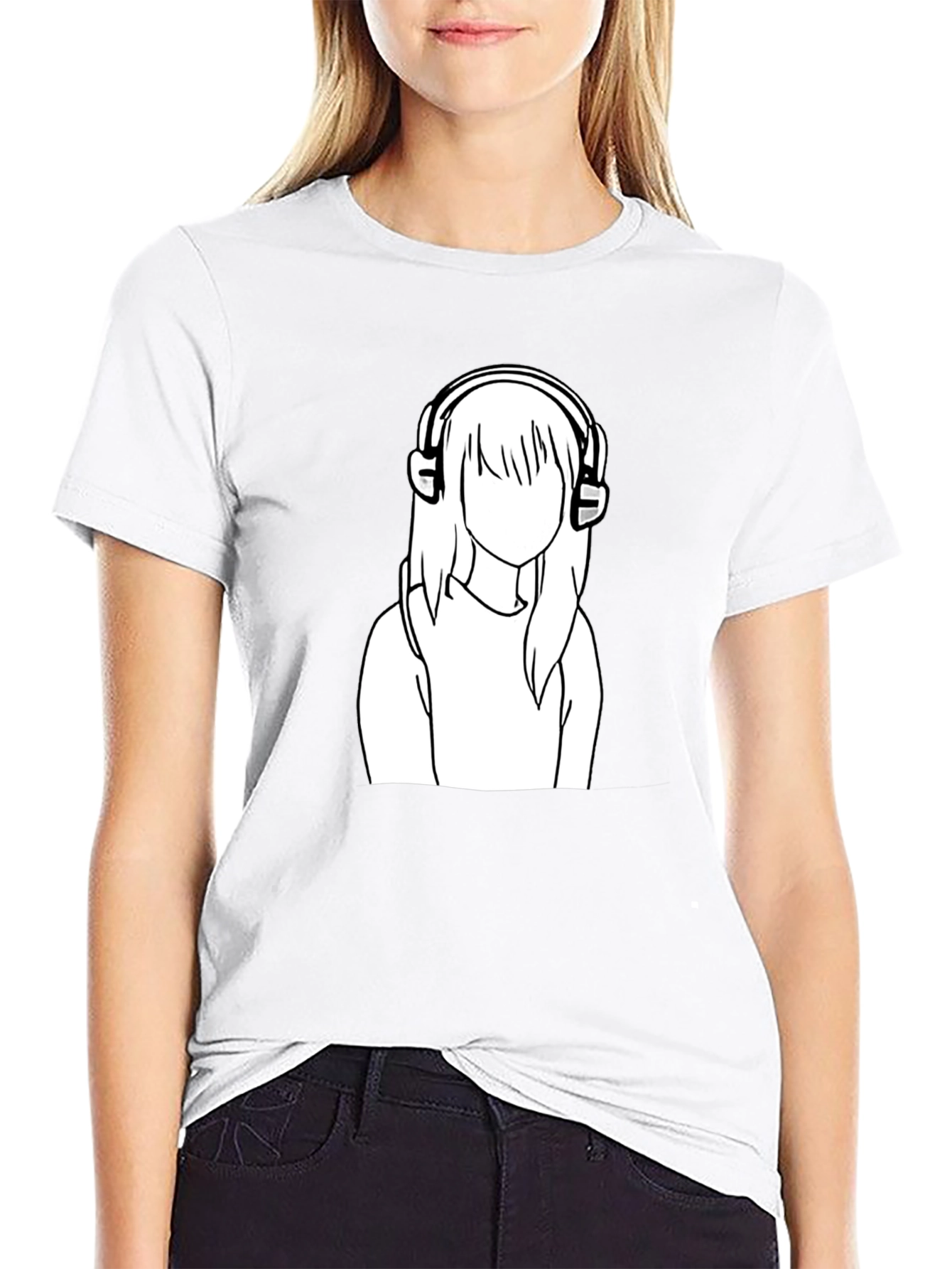 Camiseta Negra con Diseño de Chica con Auriculares