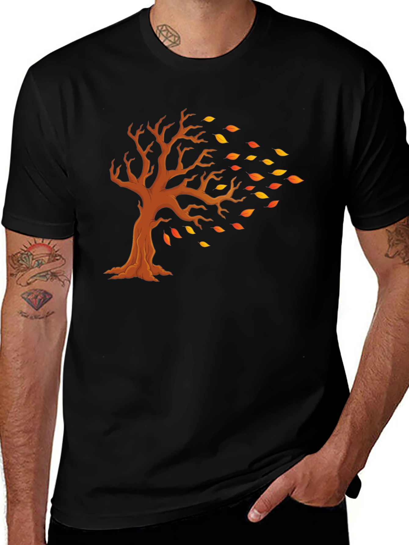 Camiseta Negra con Diseño de Árbol Otoñal