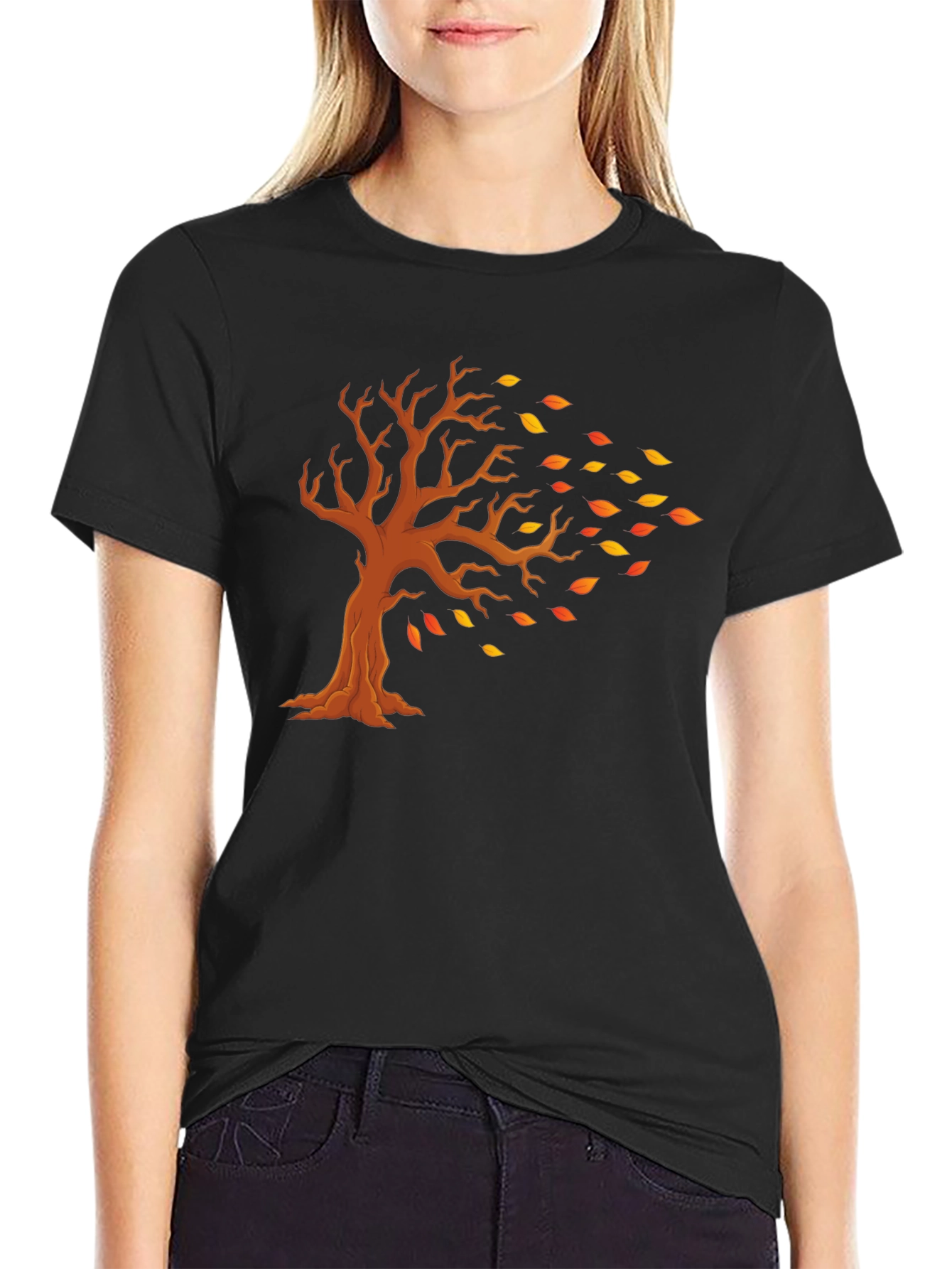Camiseta Negra con Diseño de Árbol Otoñal