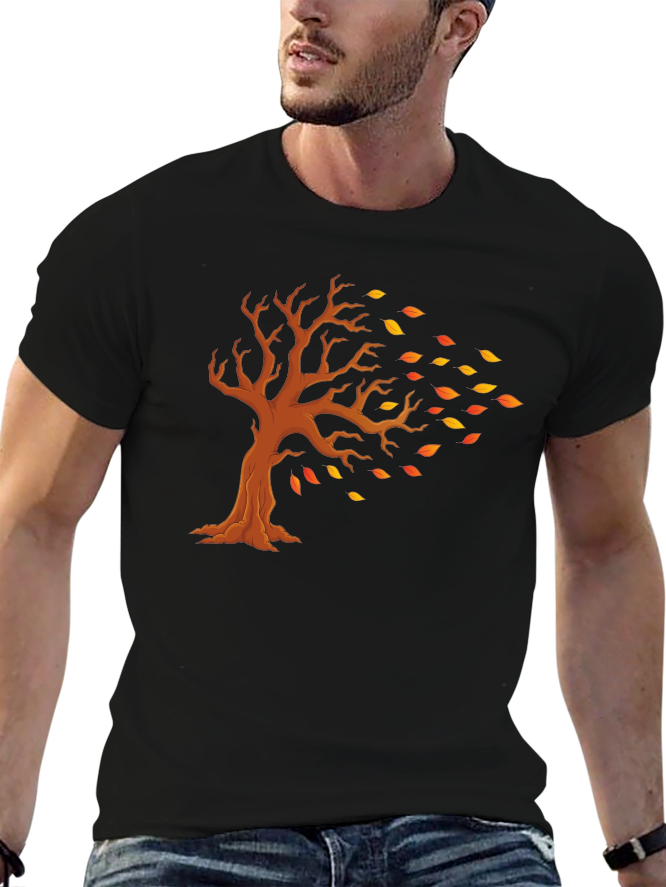 Camiseta Negra con Diseño de Árbol Otoñal
