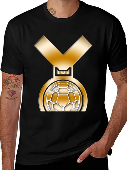 Camiseta Negra con Diseño de Medalla de Fútbol Dorada