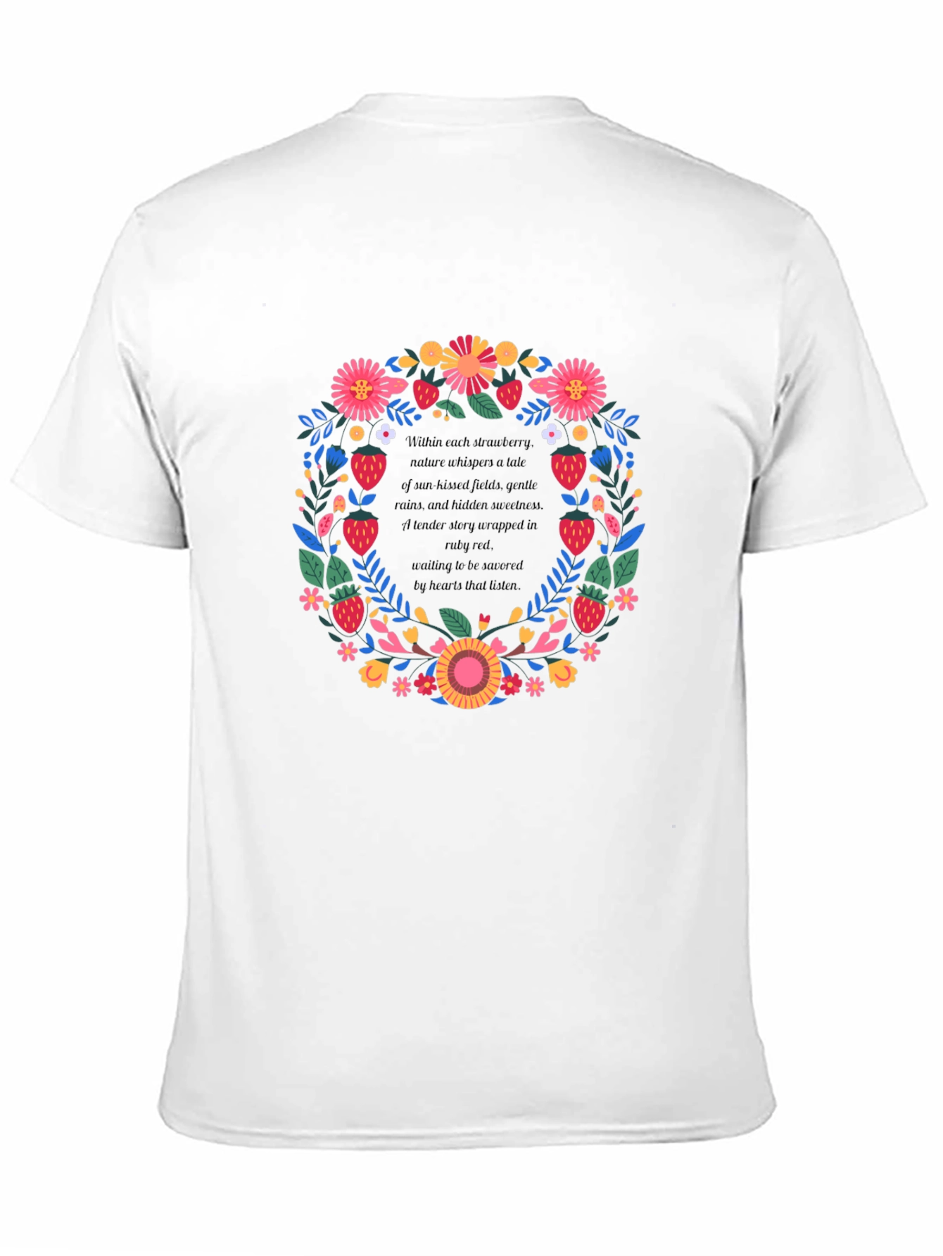 Camiseta Negra con Diseño Floral y de Fresas