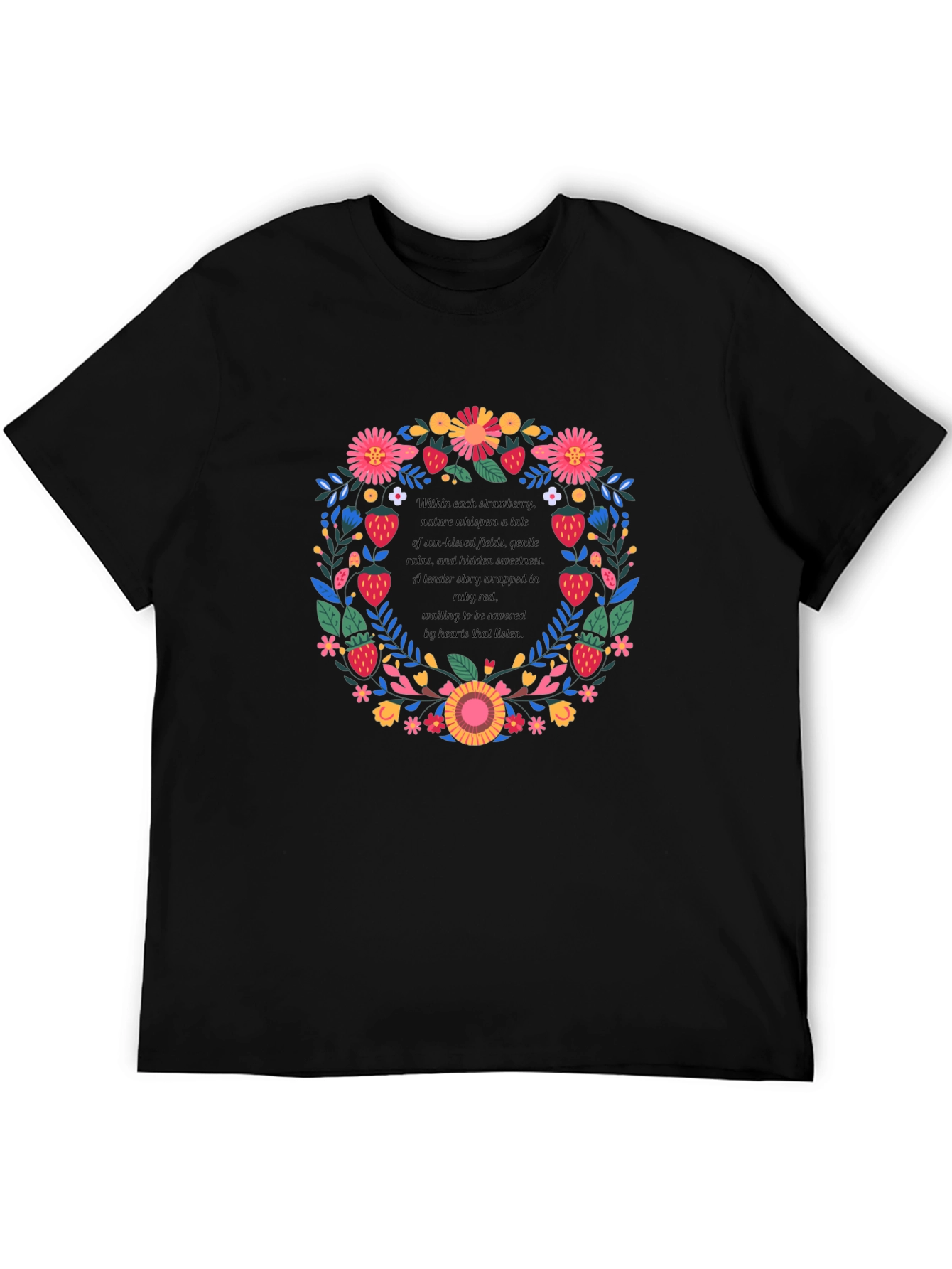 Camiseta Negra con Diseño Floral y de Fresas