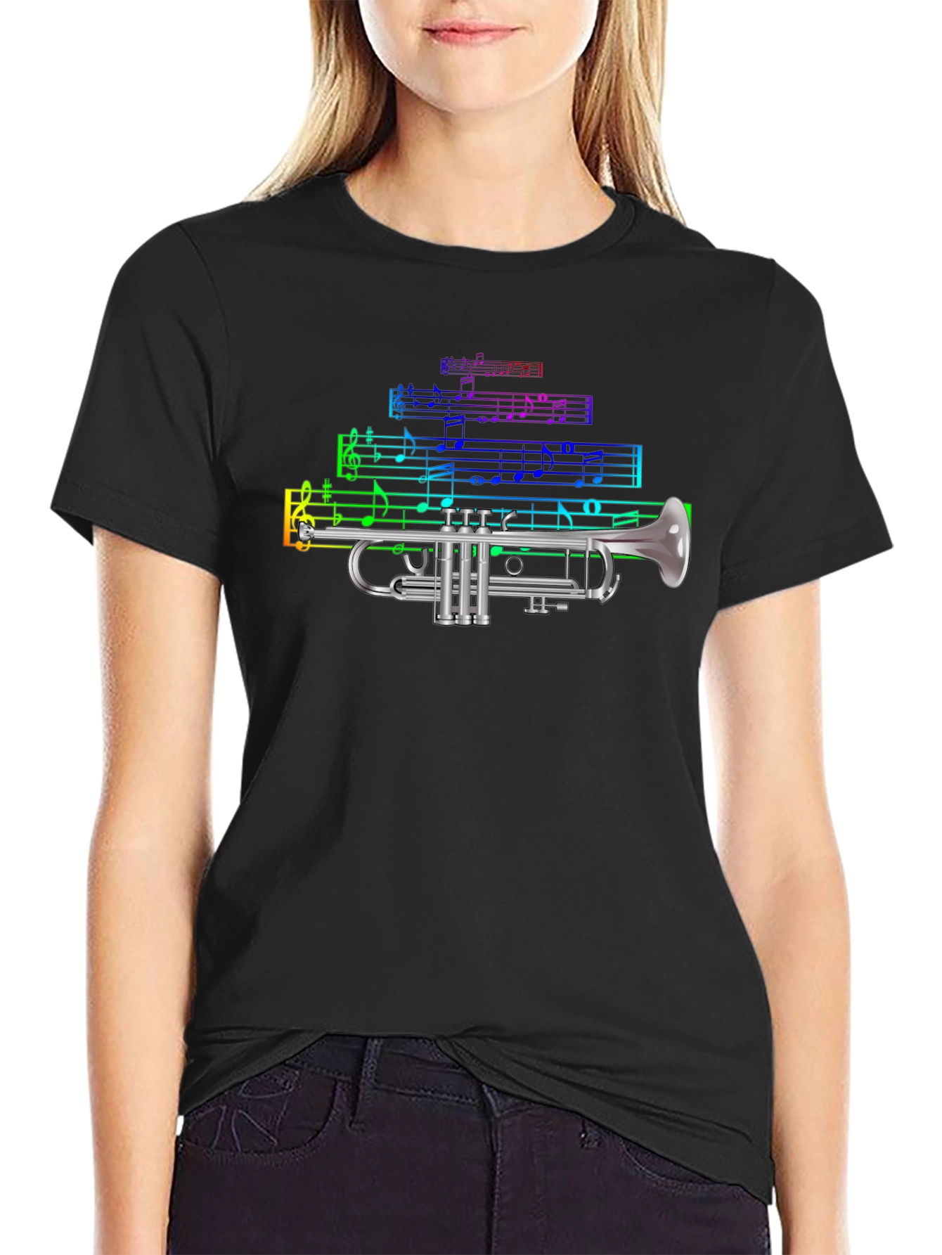 Camiseta Negra con Diseño de Trompeta Musical
