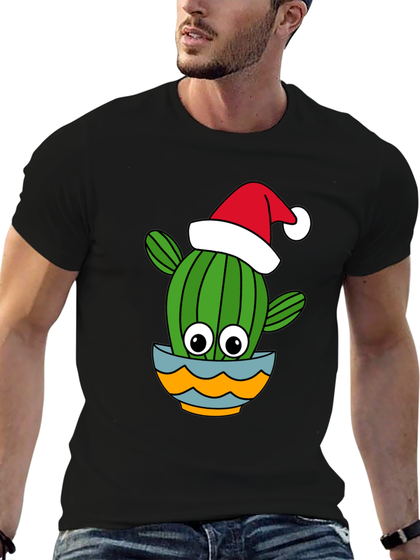 Camiseta Negra con Cactus Navideño