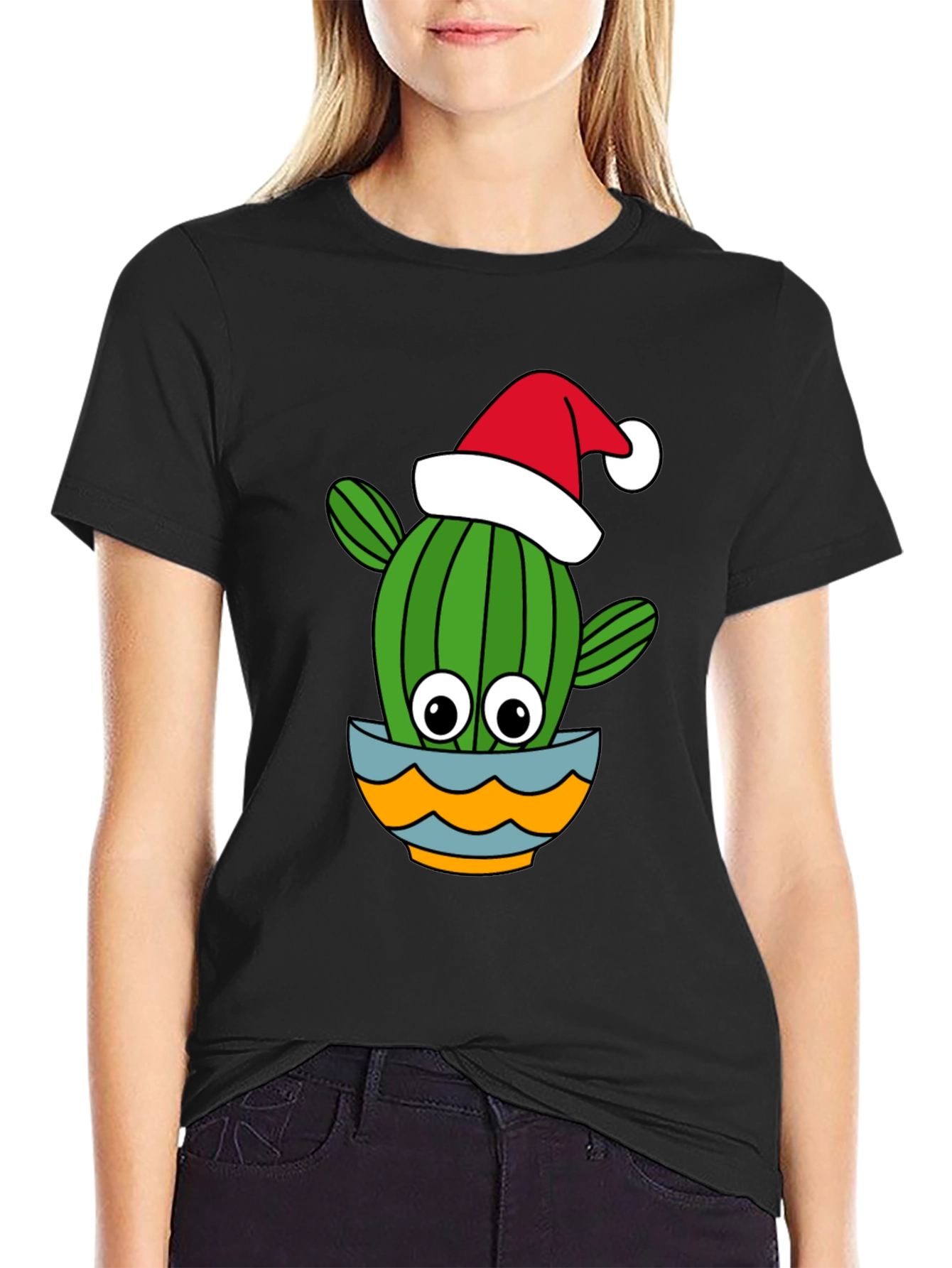 Camiseta Negra con Cactus Navideño