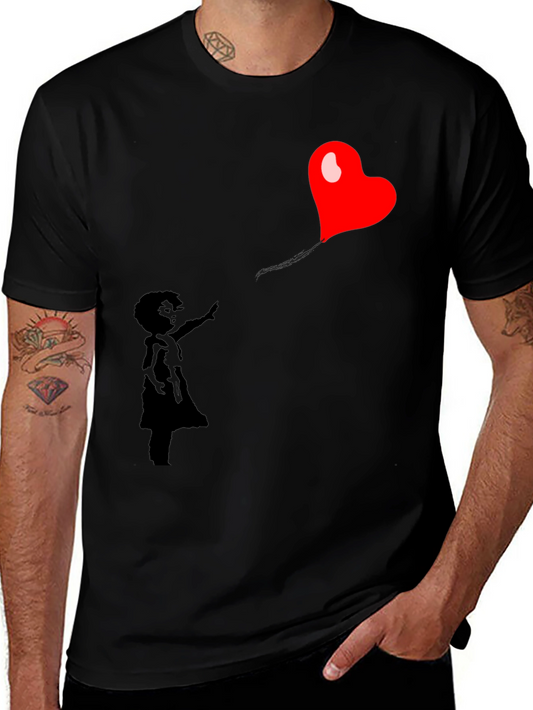 Camiseta Negra Estampado Niña y Globo Corazón