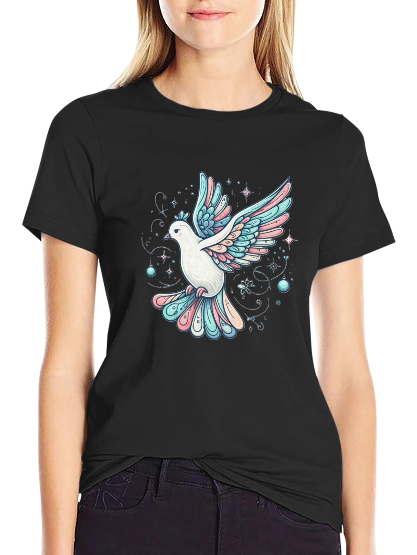 Camiseta Negra con Estampado de Paloma Artística