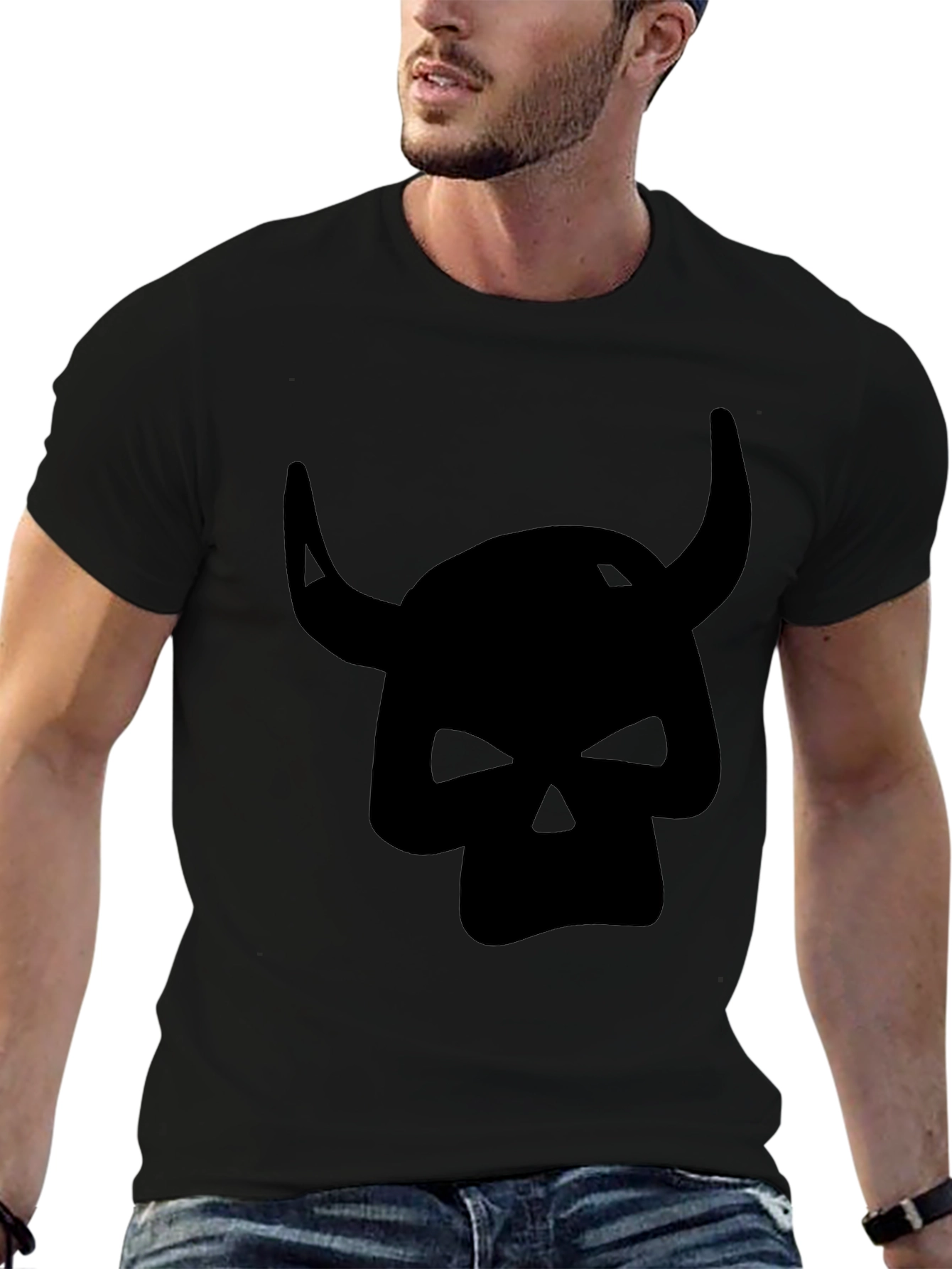Camiseta Negra con Diseño de Cráneo con Cuernos