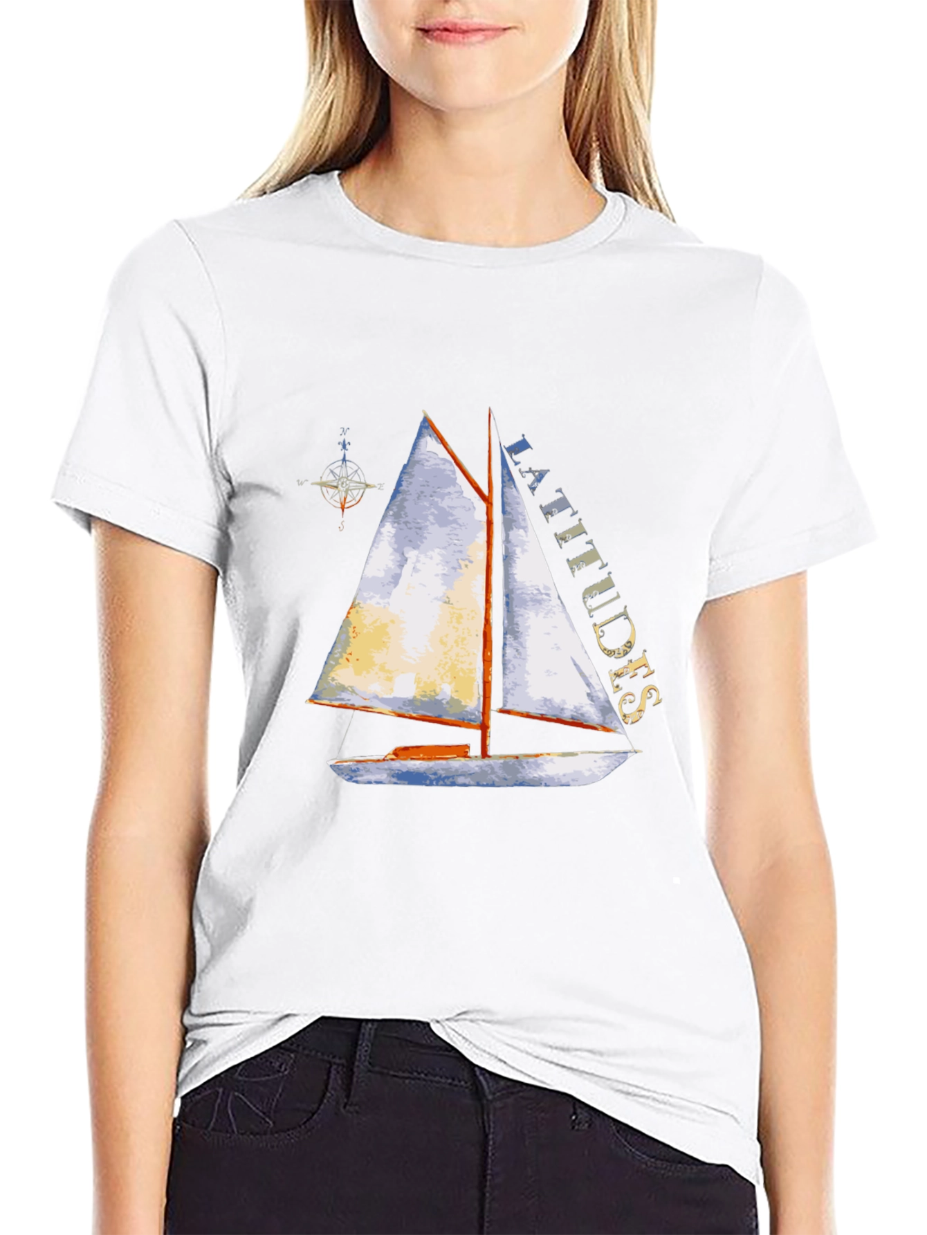 Camiseta Negra con Estampado de Velero y Latitudes