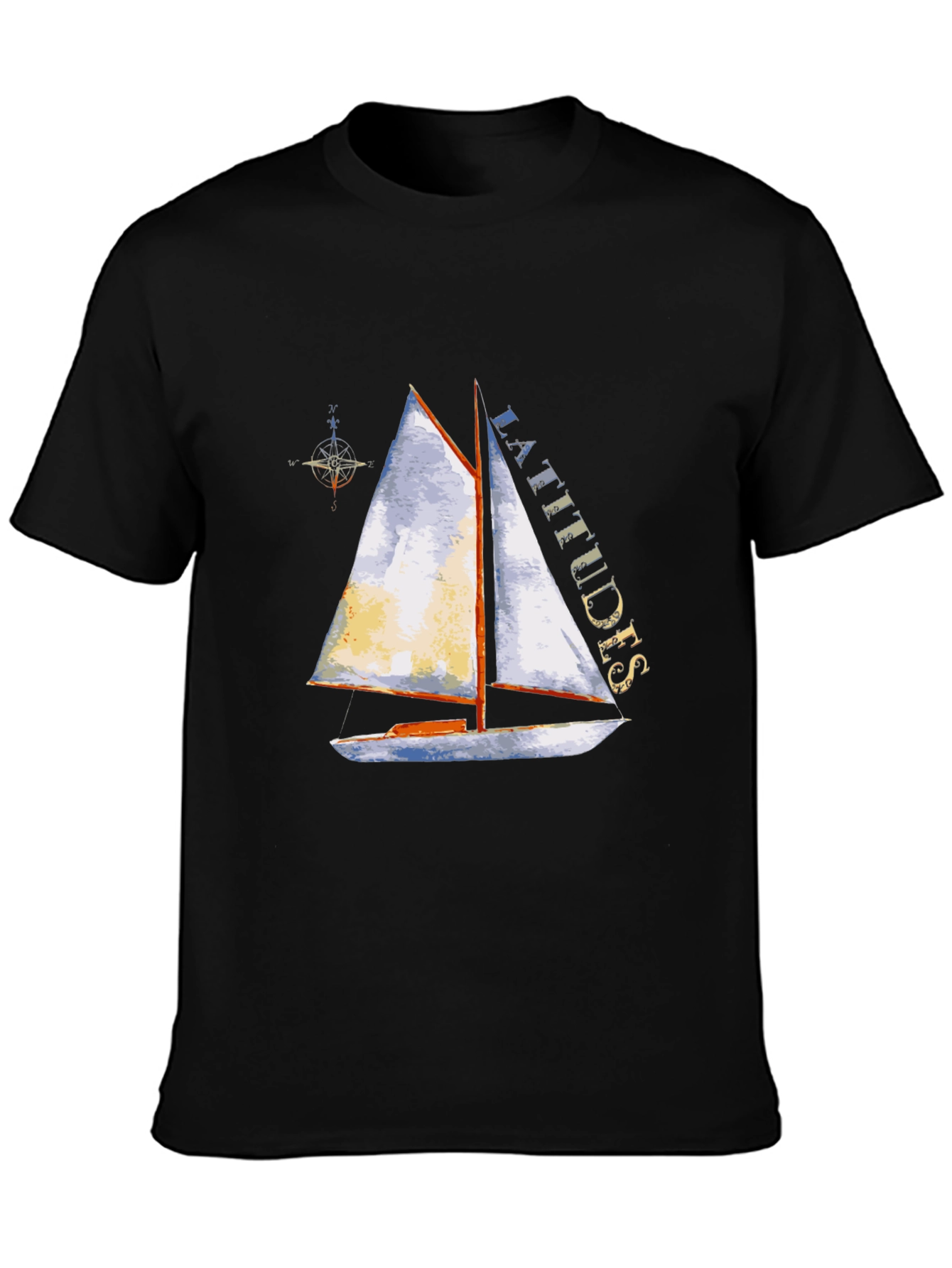 Camiseta Negra con Estampado de Velero y Latitudes