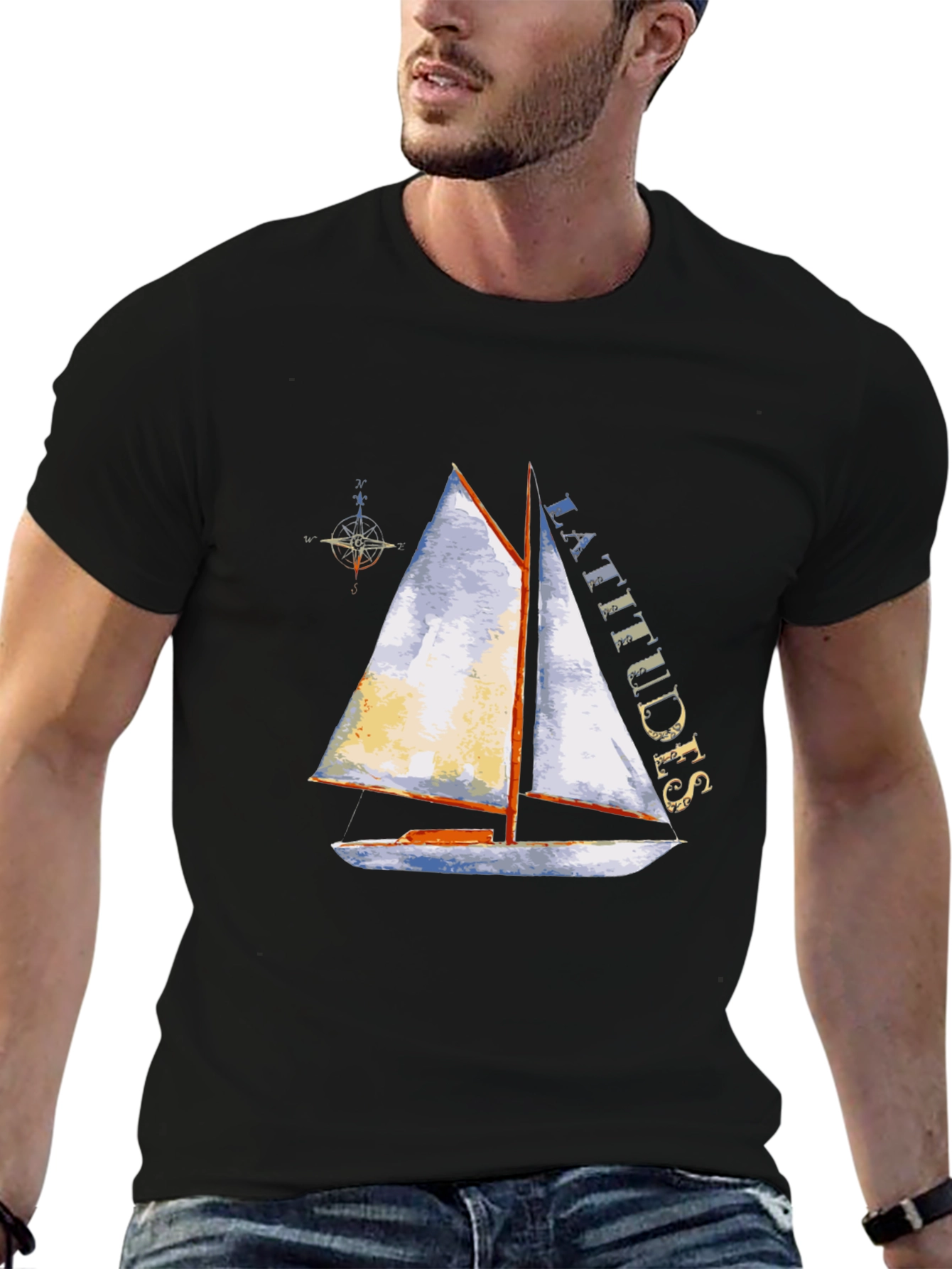 Camiseta Negra con Estampado de Velero y Latitudes