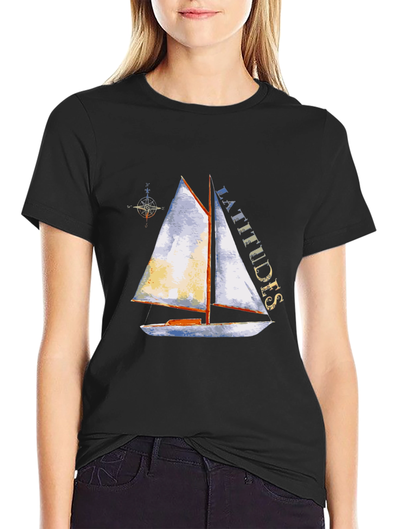 Camiseta Negra con Estampado de Velero y Latitudes