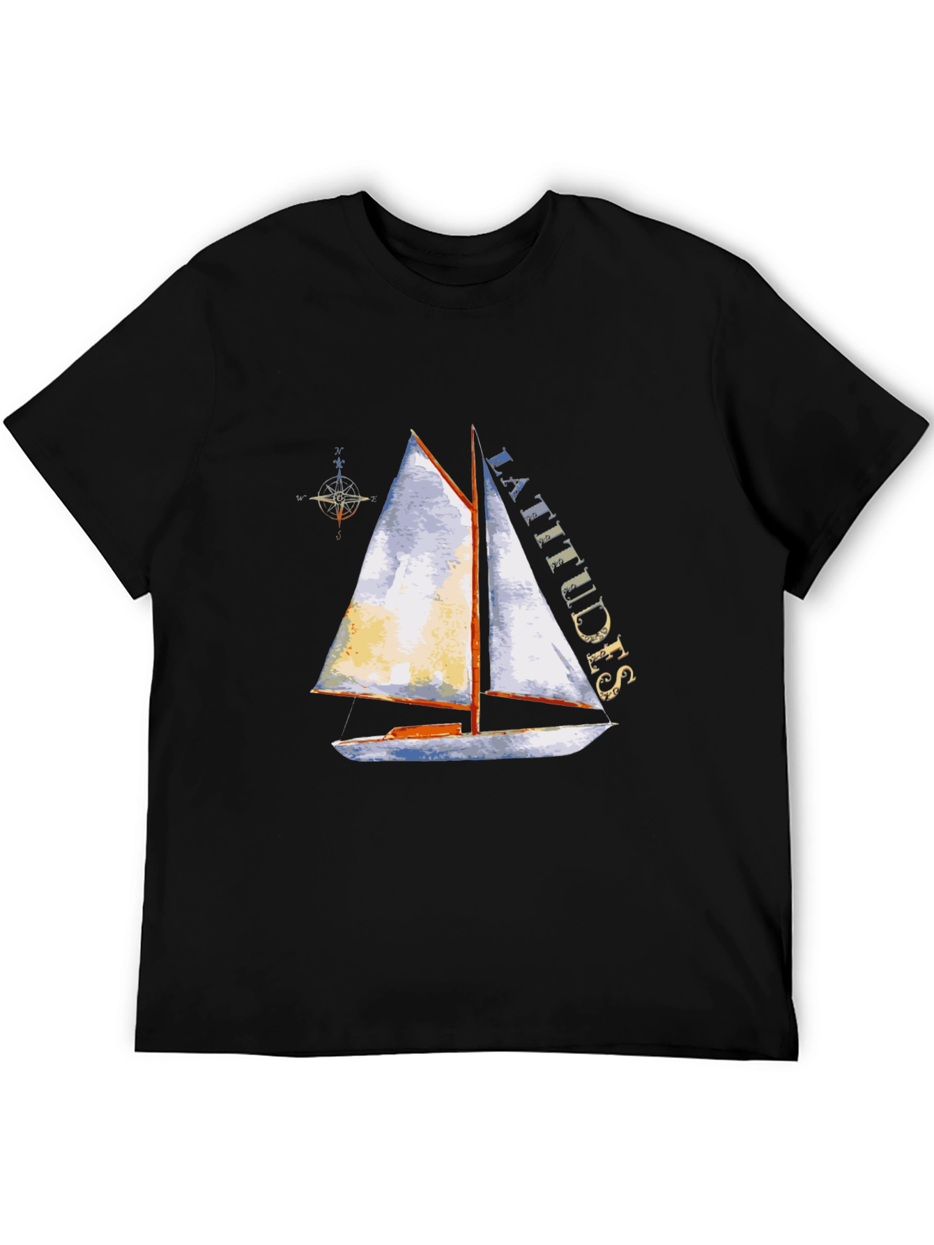 Camiseta Negra con Estampado de Velero y Latitudes