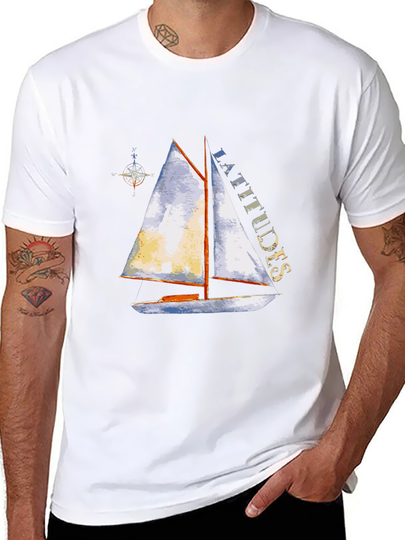 Camiseta Negra con Estampado de Velero y Latitudes