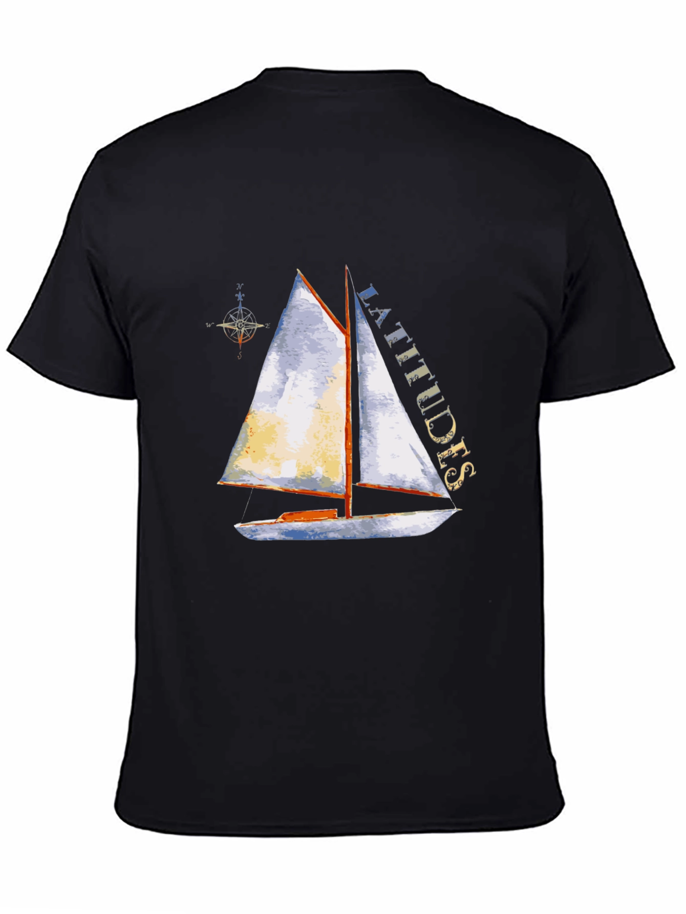 Camiseta Negra con Estampado de Velero y Latitudes