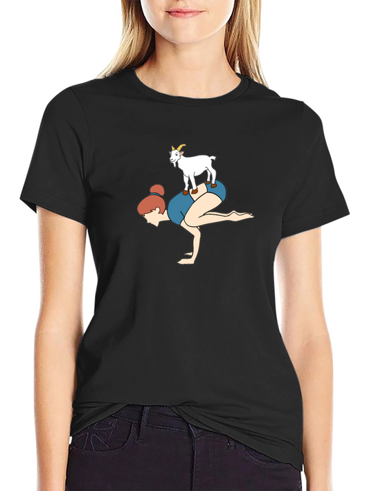 Camiseta Negra con Diseño Yoga y Cabra Divertida