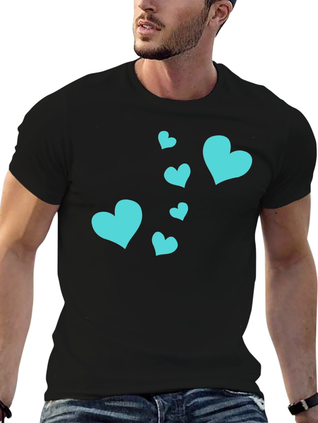 Camiseta Negra Corazones Turquesa Estilo Casual
