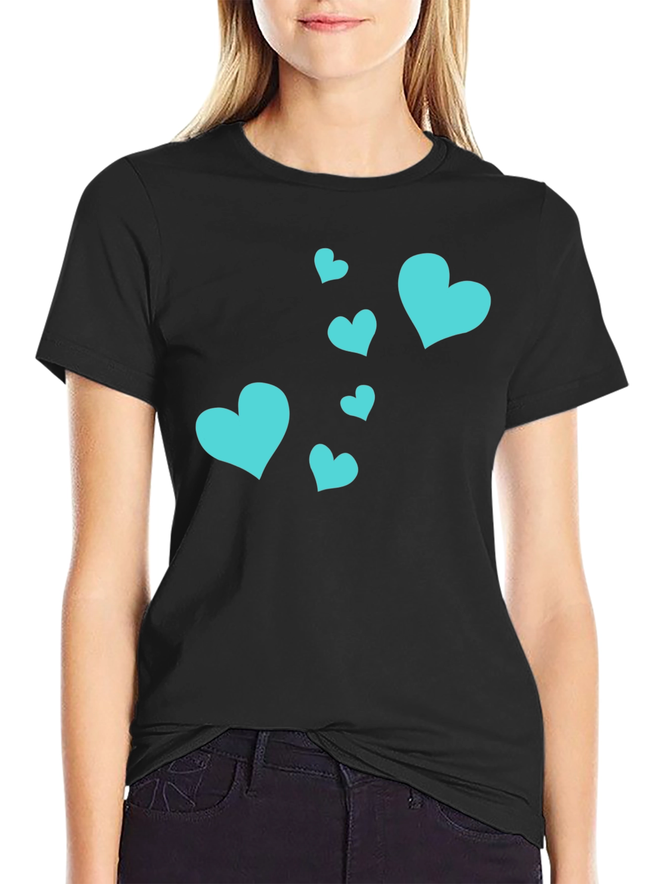 Camiseta Negra Corazones Turquesa Estilo Casual