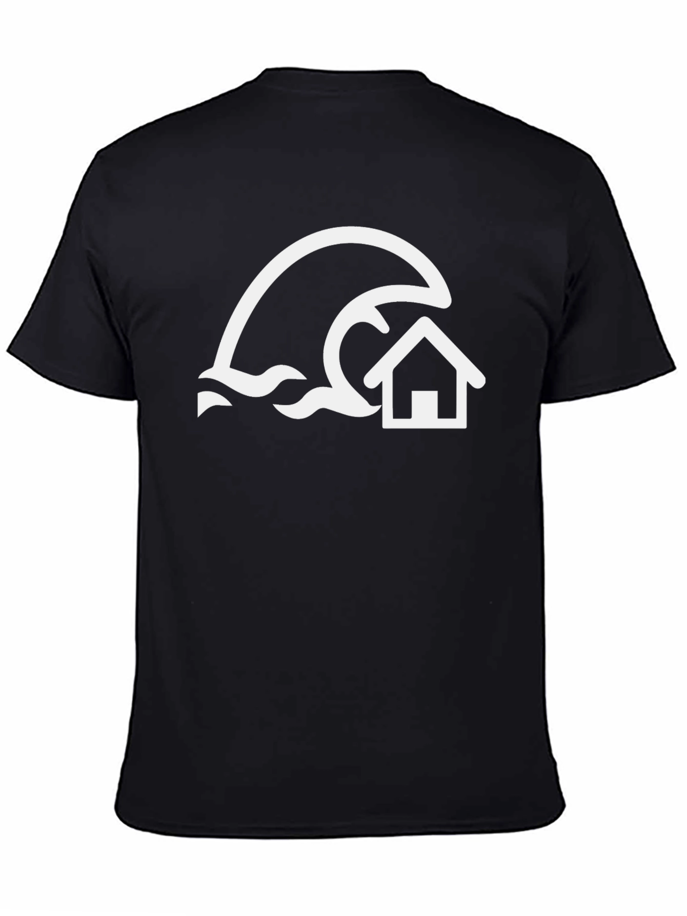 Camiseta Negra con Diseño de Ola y Casa